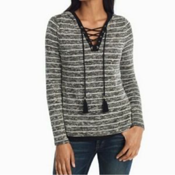 White House Black Market Tops - White House Black Market Hooded Lace-Up Pullover Sweater Black Gold Threads XL